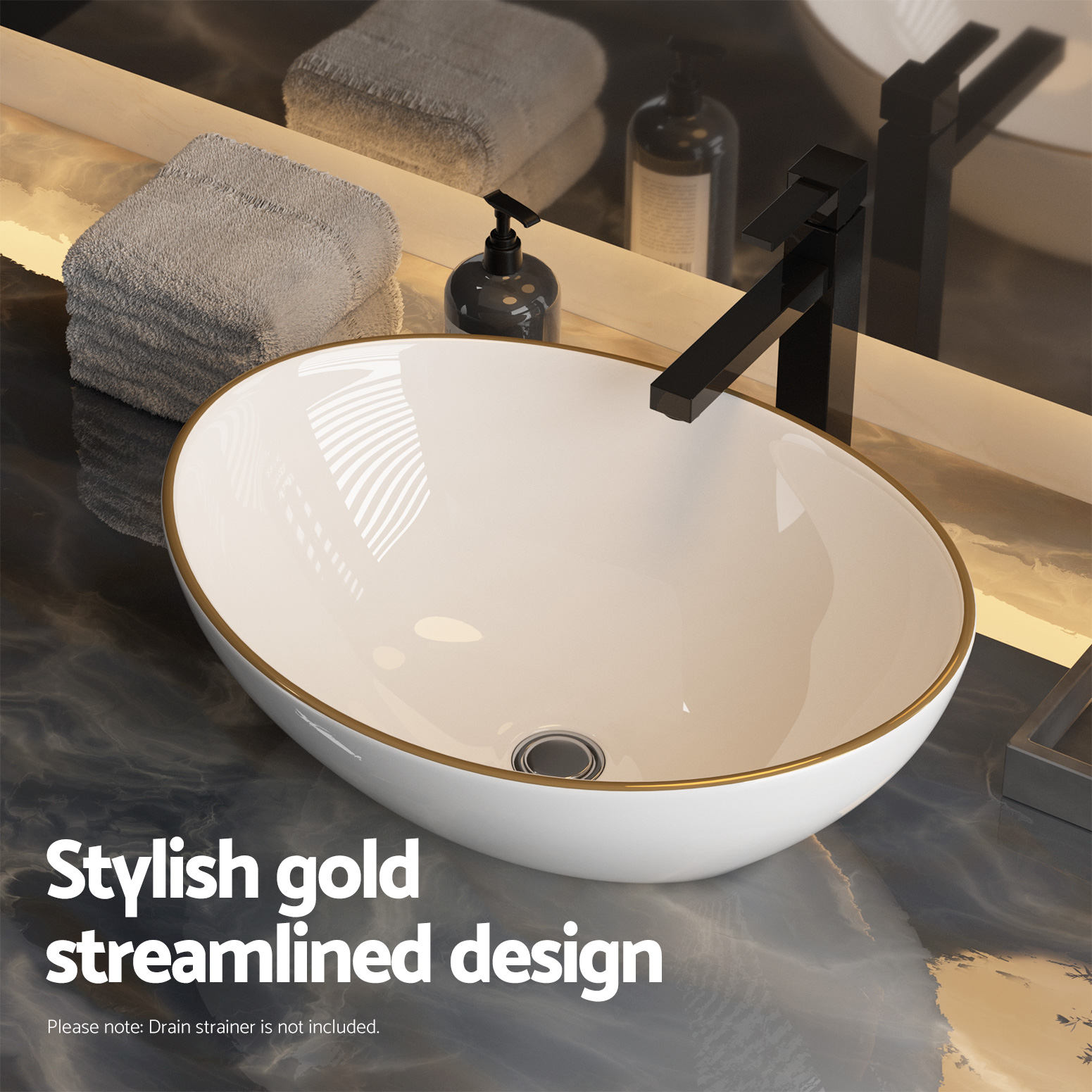 Cefito Ceramic Vanity Sink Basin, Gold Line 41x34cm view 4