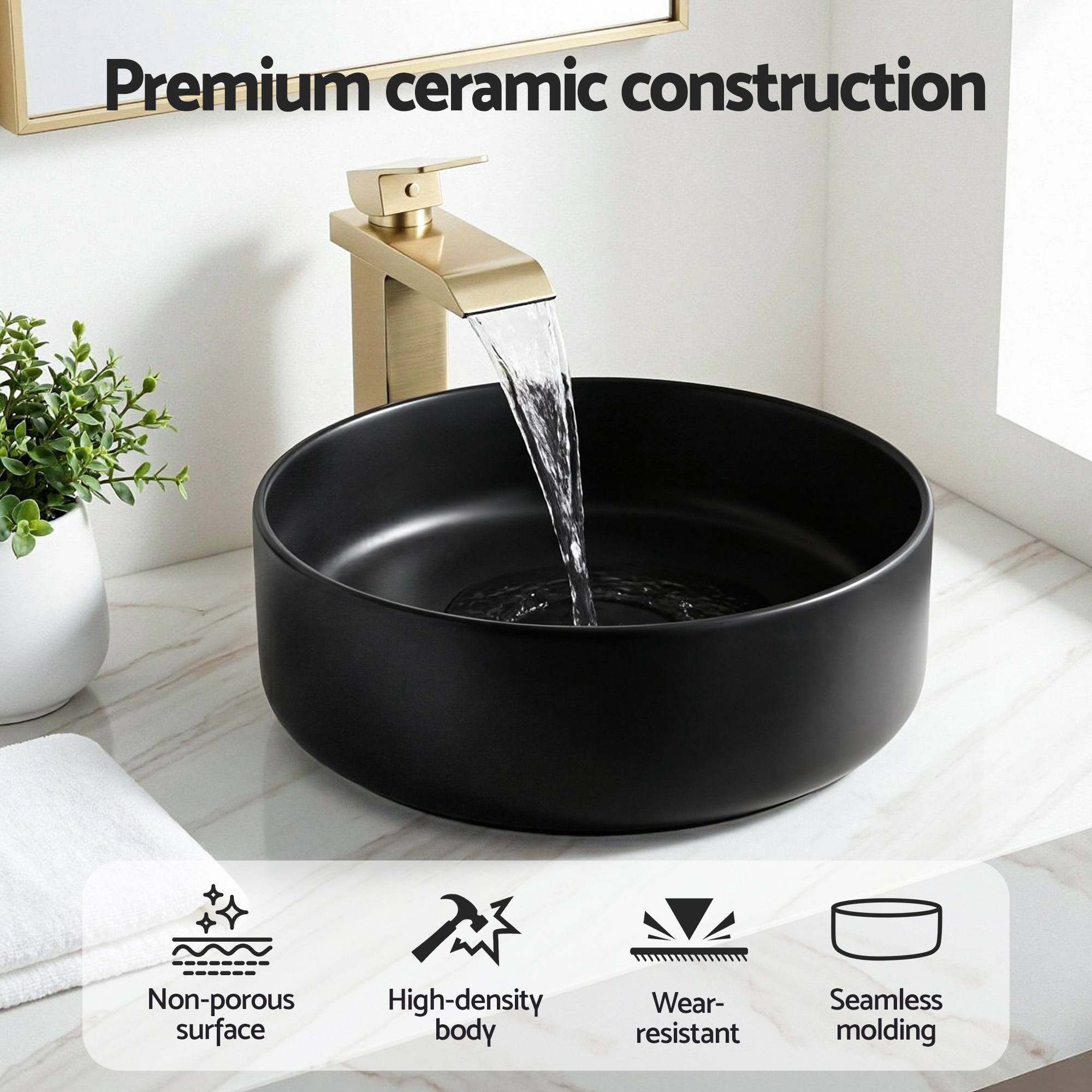 Cefito Ceramic Vanity Sink Basin, Matte Black Round Countertop view 5