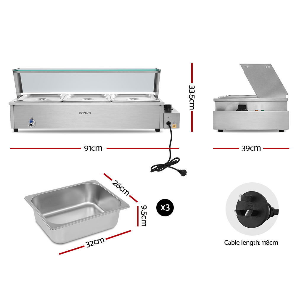 Devanti Bain Marie Food Warmer 3 Buffet Pans view 2
