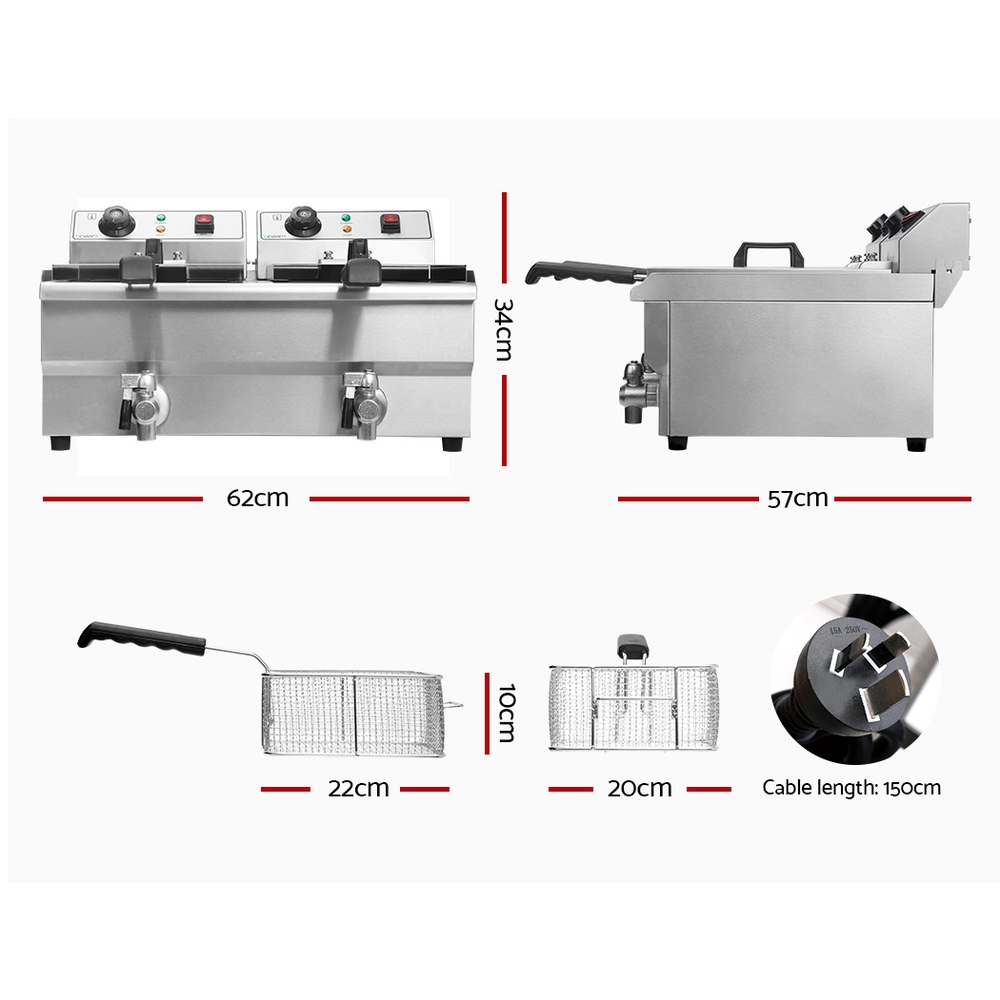Devanti 20L Deep Fryer Double Baskets with Oil Taps 6000W view 2