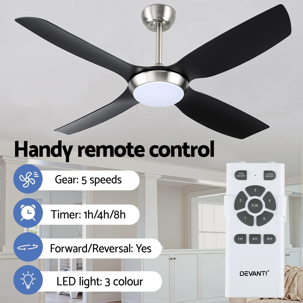 Devanti 52'' Ceiling Fan 4 Blades LED Light Black view 3