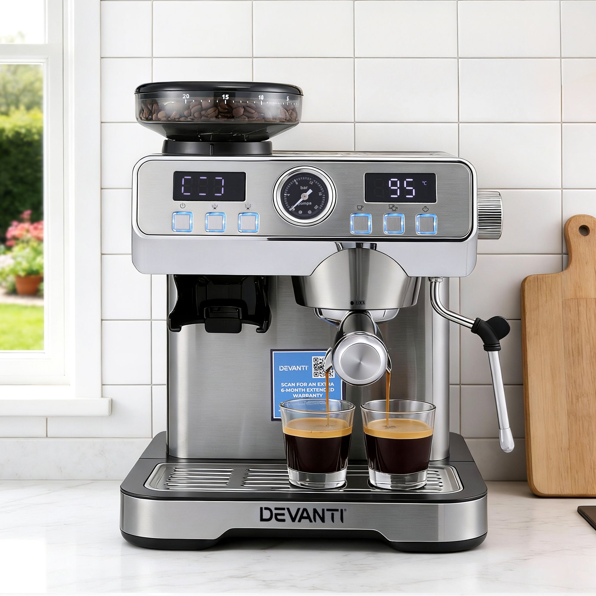 Devanti Coffee Machine with Grinder & Milk Frother