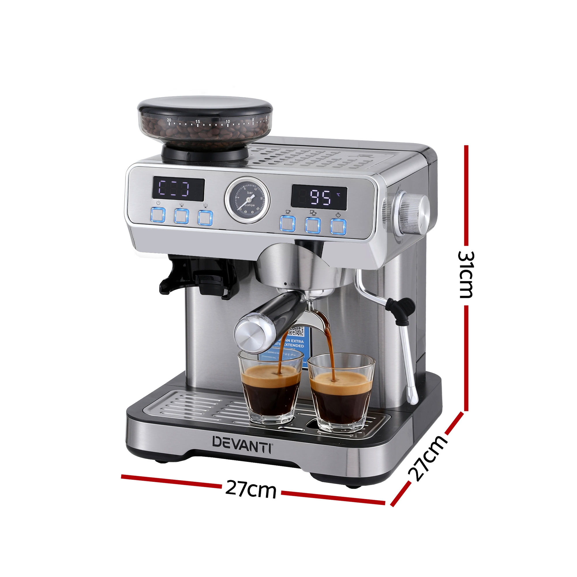 Devanti Coffee Machine with Grinder & Milk Frother view 2