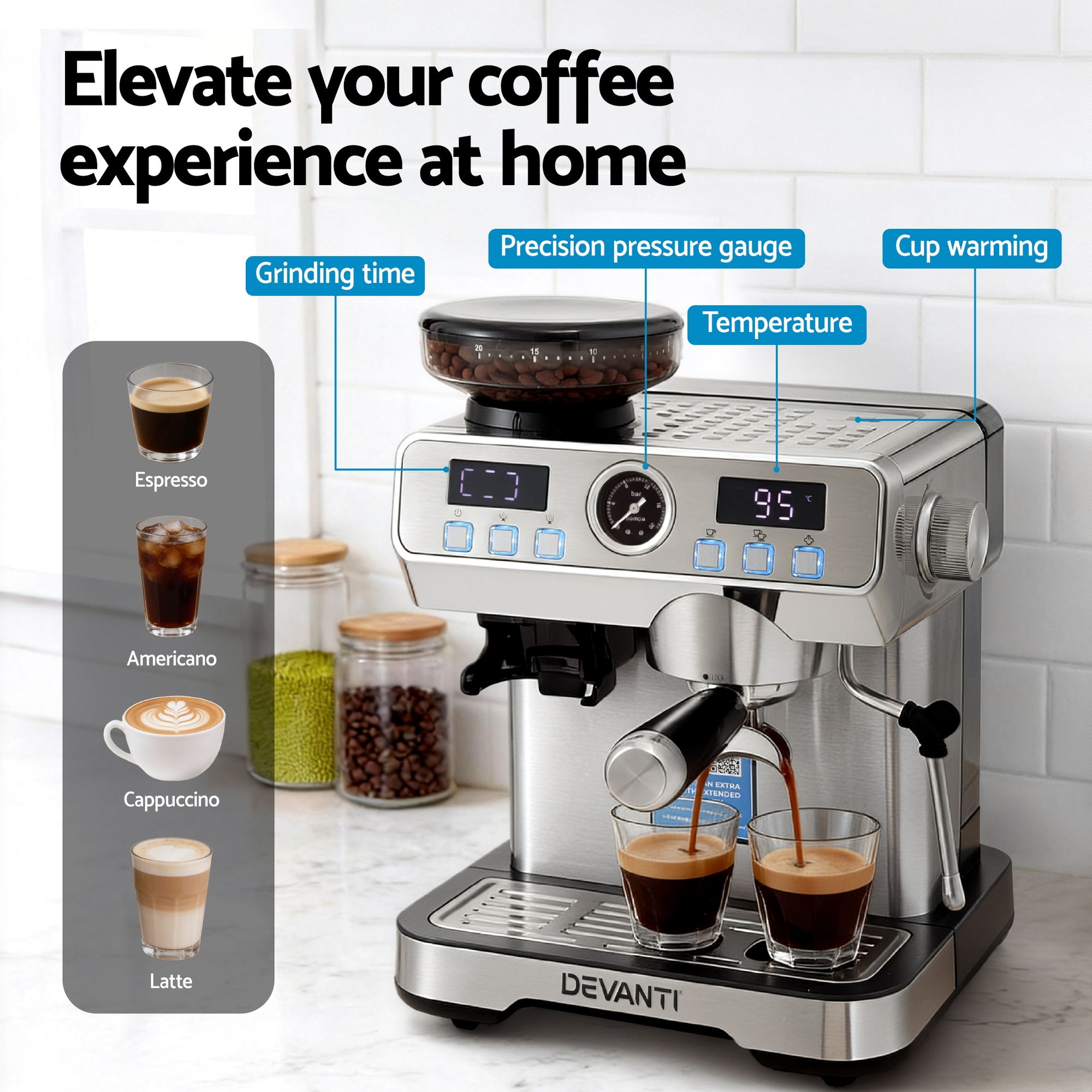 Devanti Coffee Machine with Grinder & Milk Frother view 4