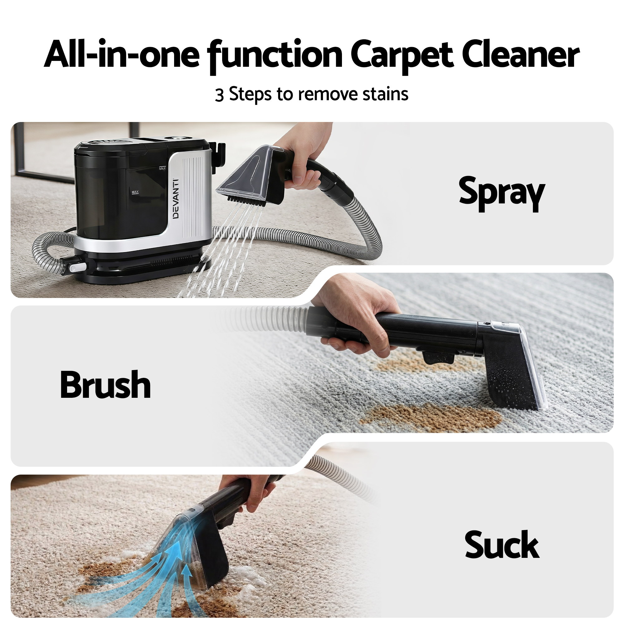 Devanti Carpet Washer 600W 13kPa Self-Cleaning Hose view 4