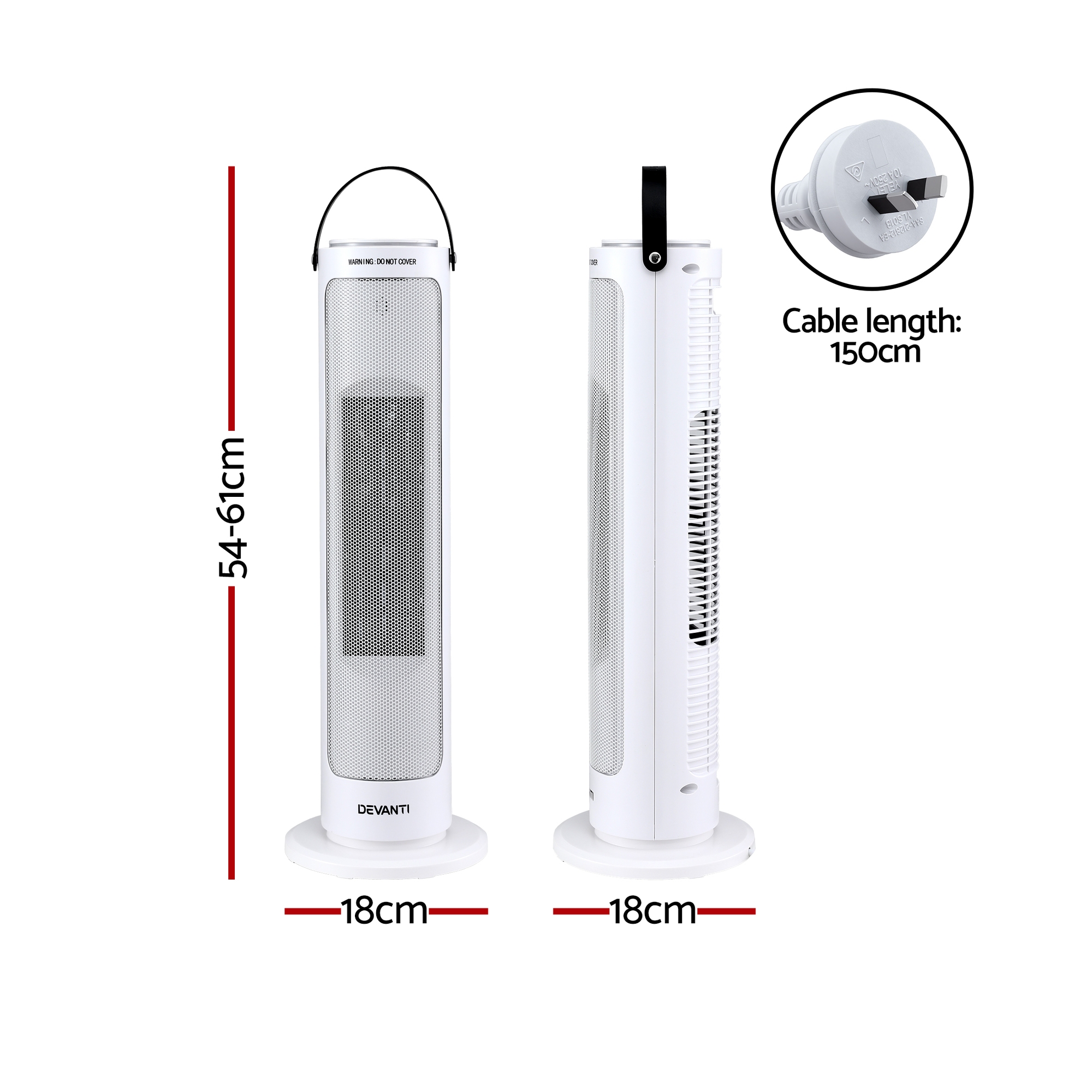 Devanti 2000W Ceramic Tower Heater Oscillating White view 2
