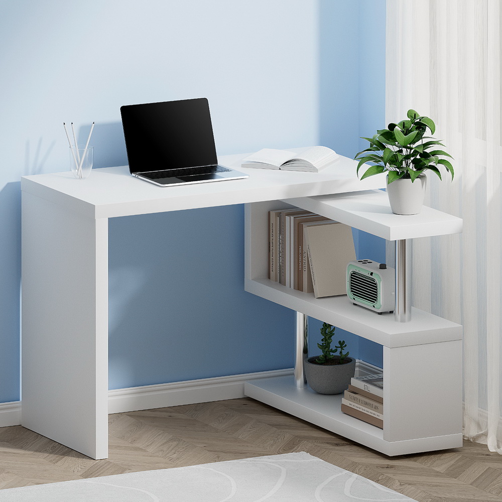 Artiss L-Shape Computer Desk with Adjustable Bookshelf White