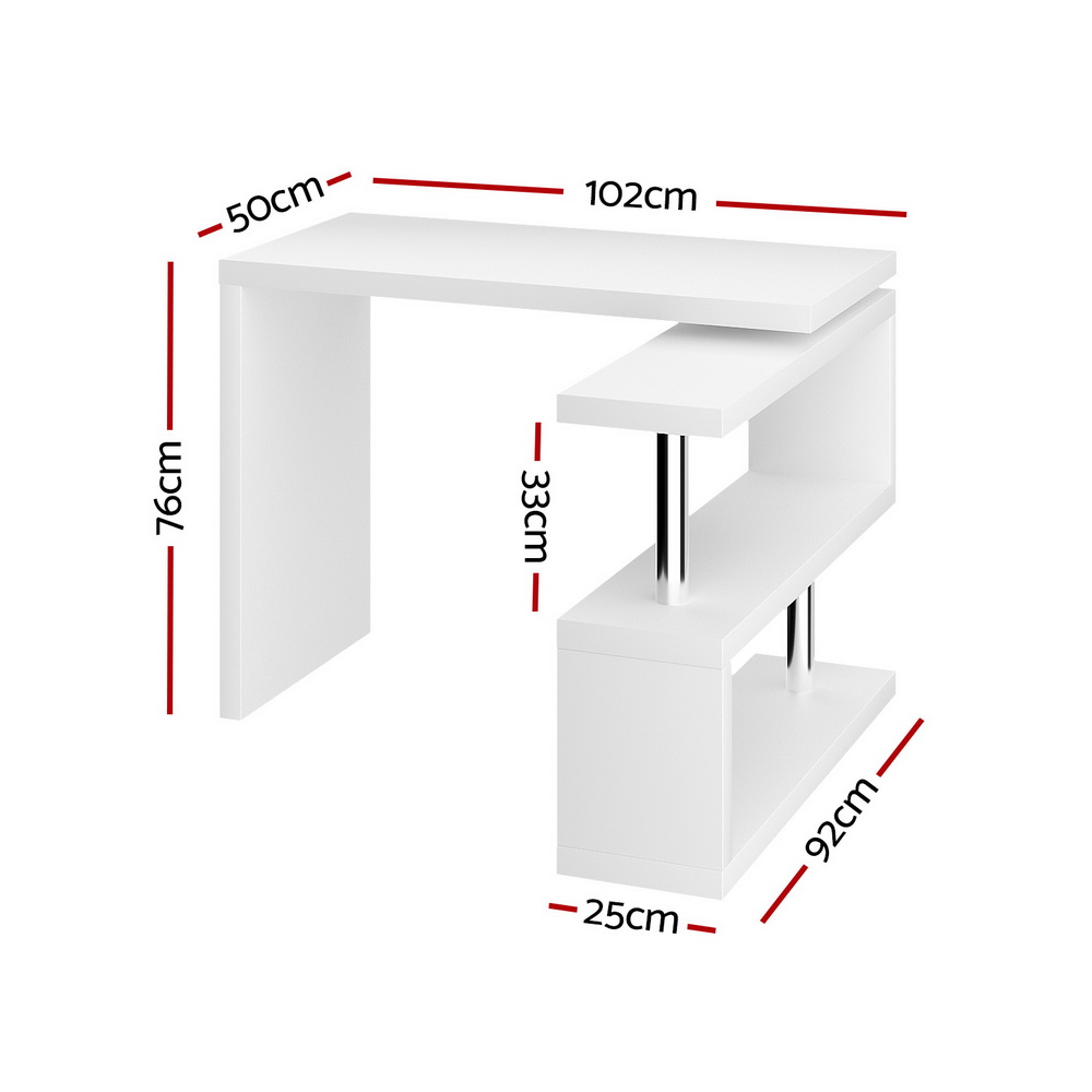 Artiss L-Shape Computer Desk with Adjustable Bookshelf White view 2