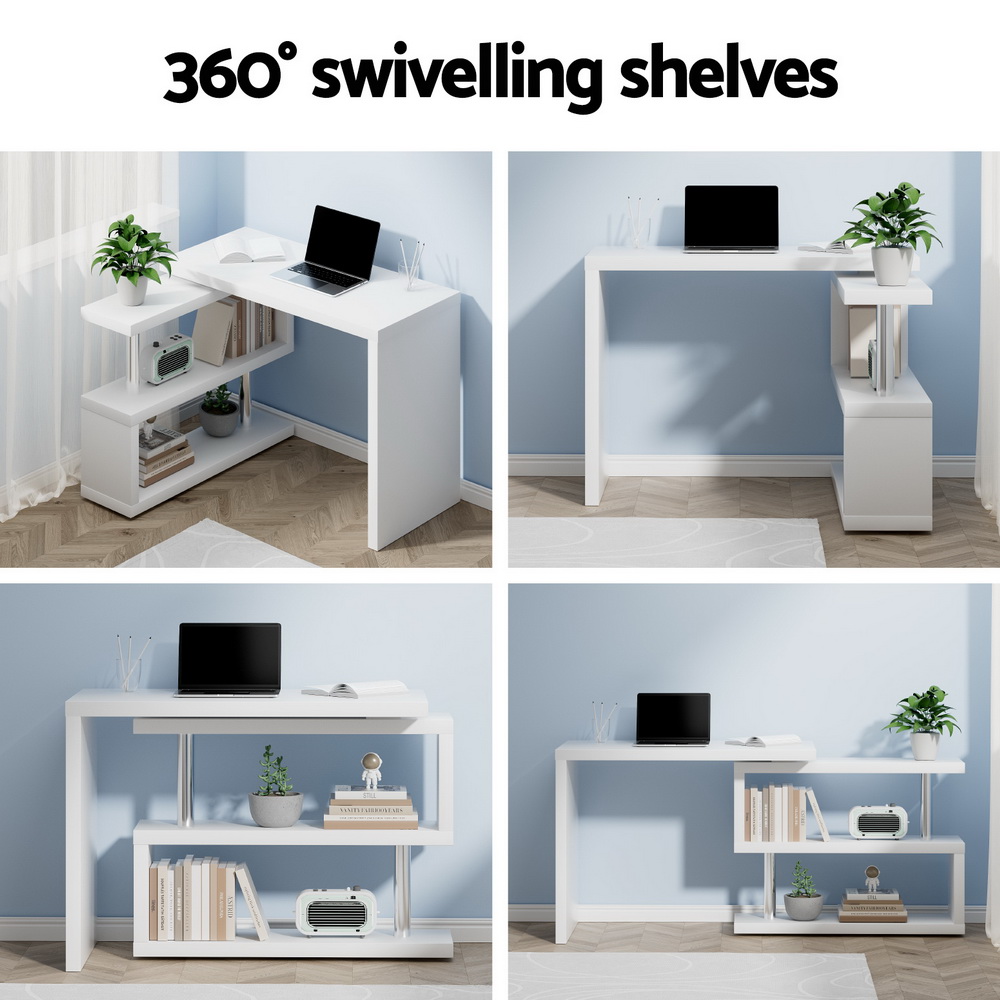 Artiss L-Shape Computer Desk with Adjustable Bookshelf White view 4