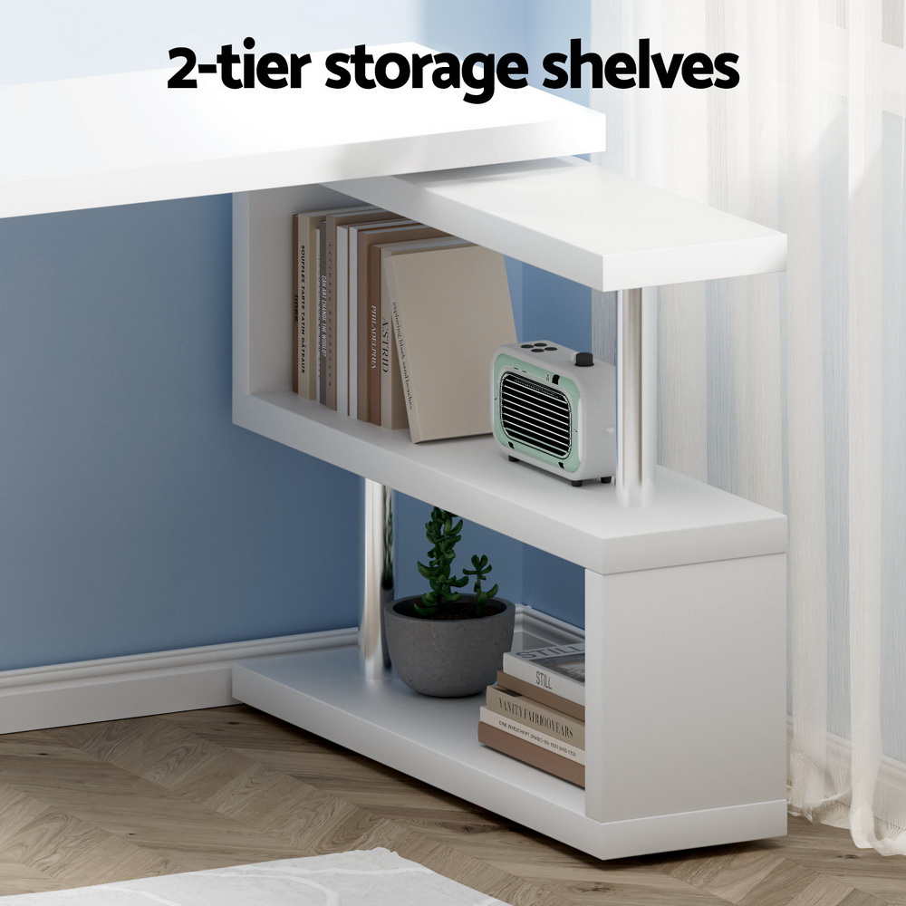Artiss L-Shape Computer Desk with Adjustable Bookshelf White view 5
