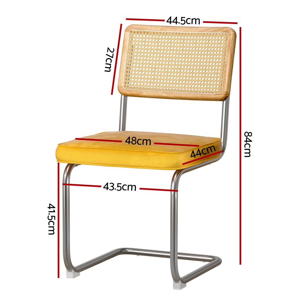 Artiss Felix Velvet Rattan Cantilever Dining Chairs, Yellow view 2