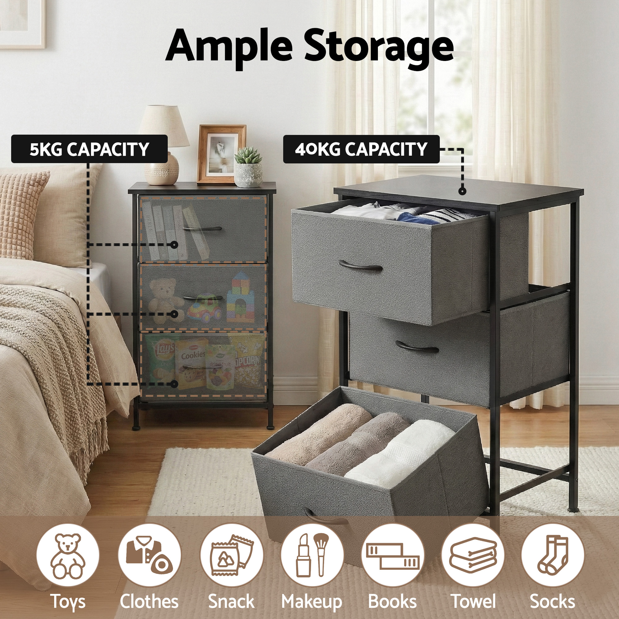 Artiss Chest of 3 Drawers Tallboy Dresser, Grey view 5