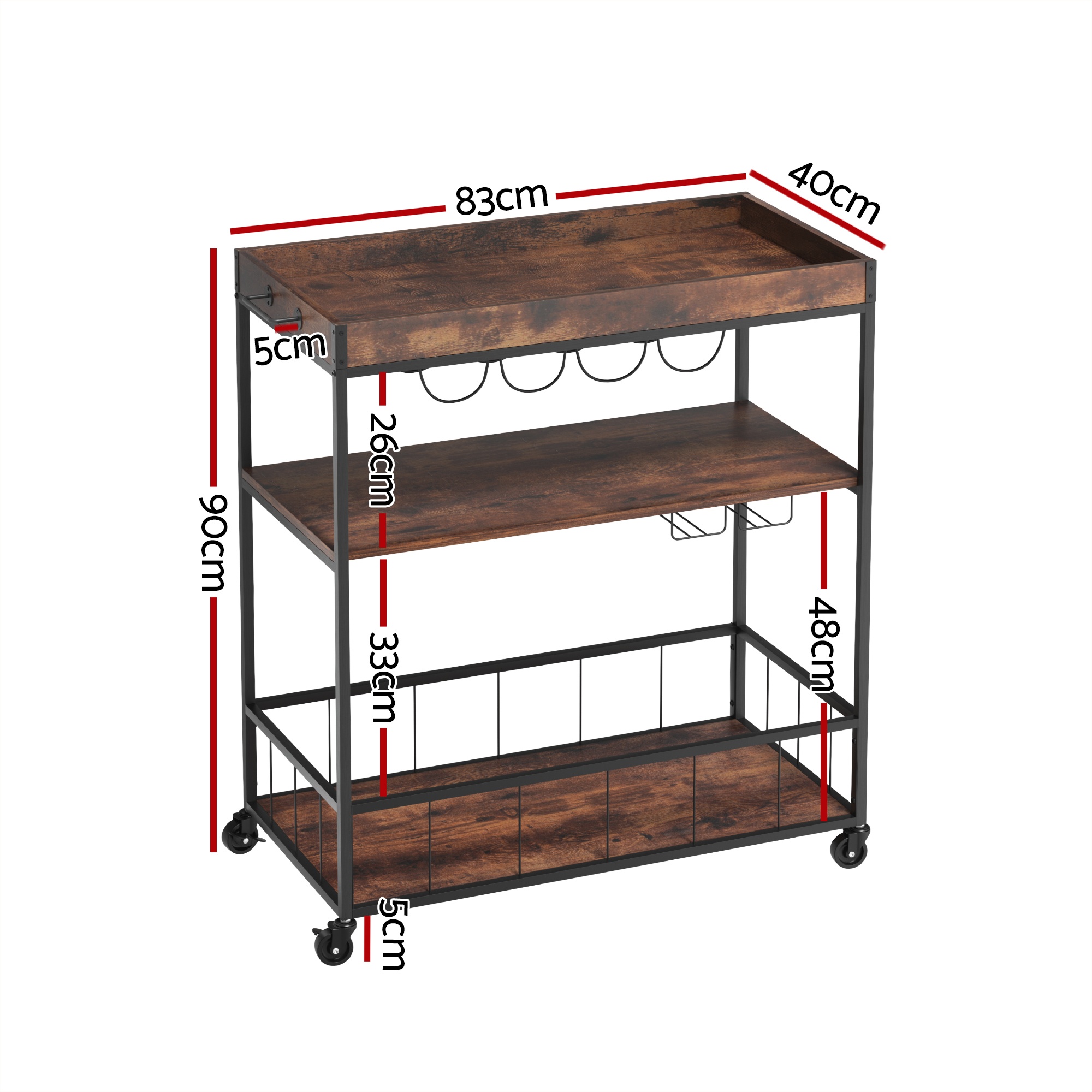 Artiss Kitchen Island Rolling Serving Cart 3-Tier Shelving view 3