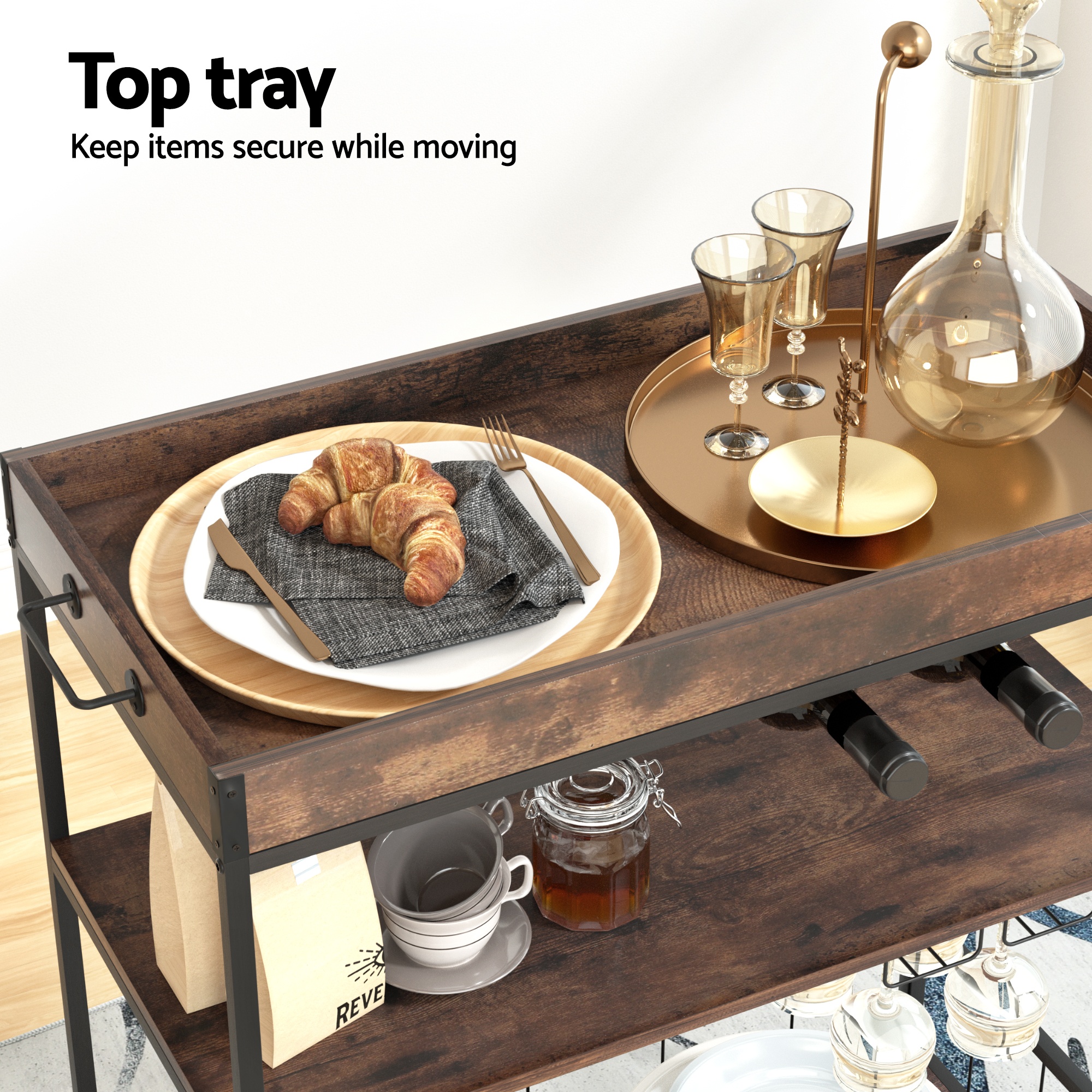 Artiss Kitchen Island Rolling Serving Cart 3-Tier Shelving view 5