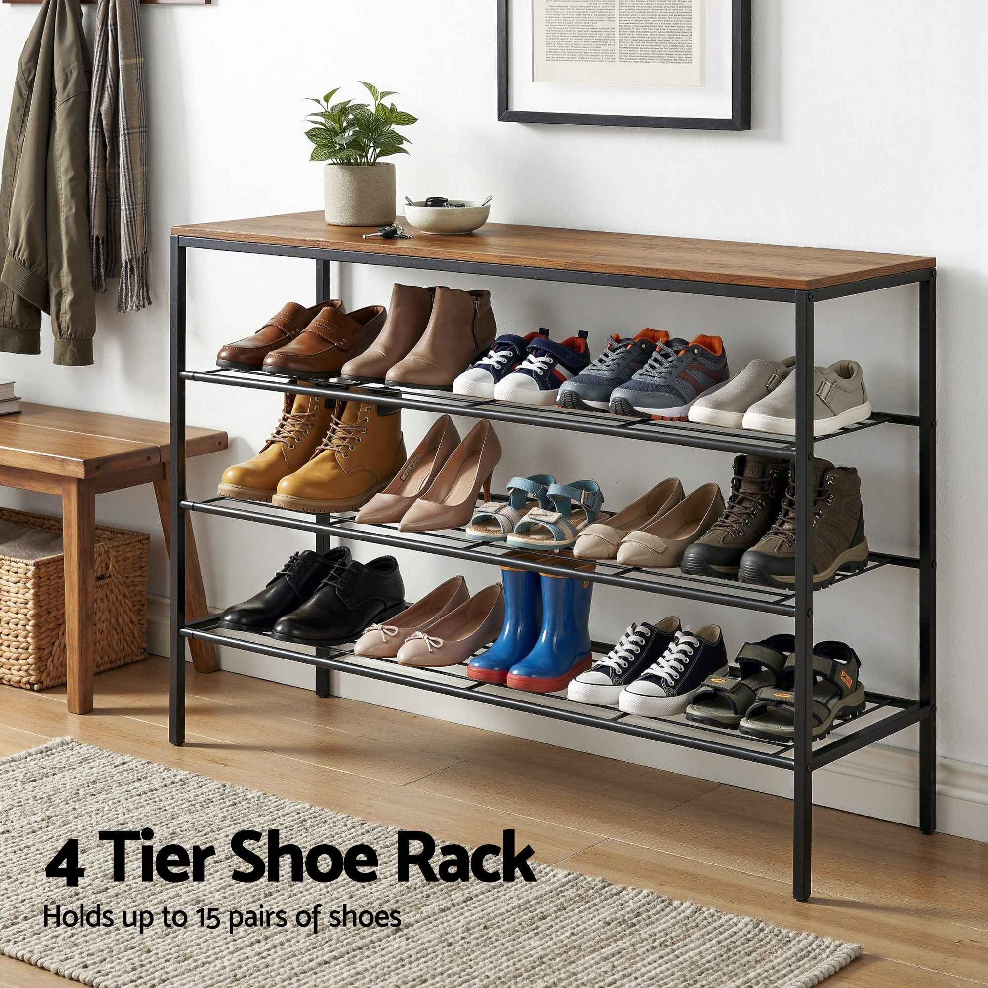 Artiss 4-Tier Shoe Rack Storage Organiser Walnut view 5