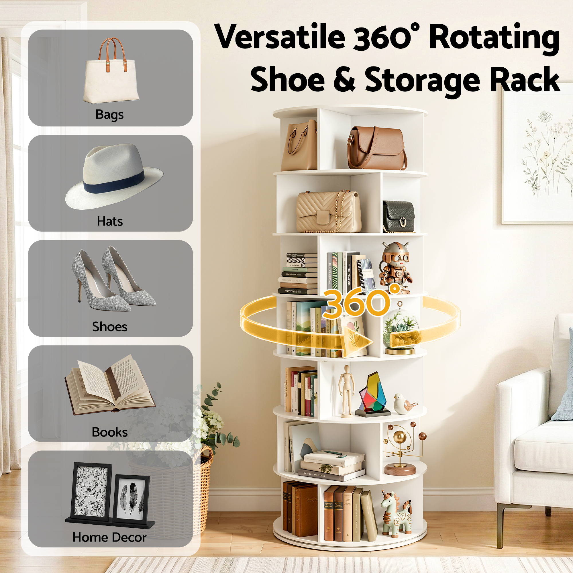 Artiss 7 Tier 360 Rotating Shoe Rack White view 5