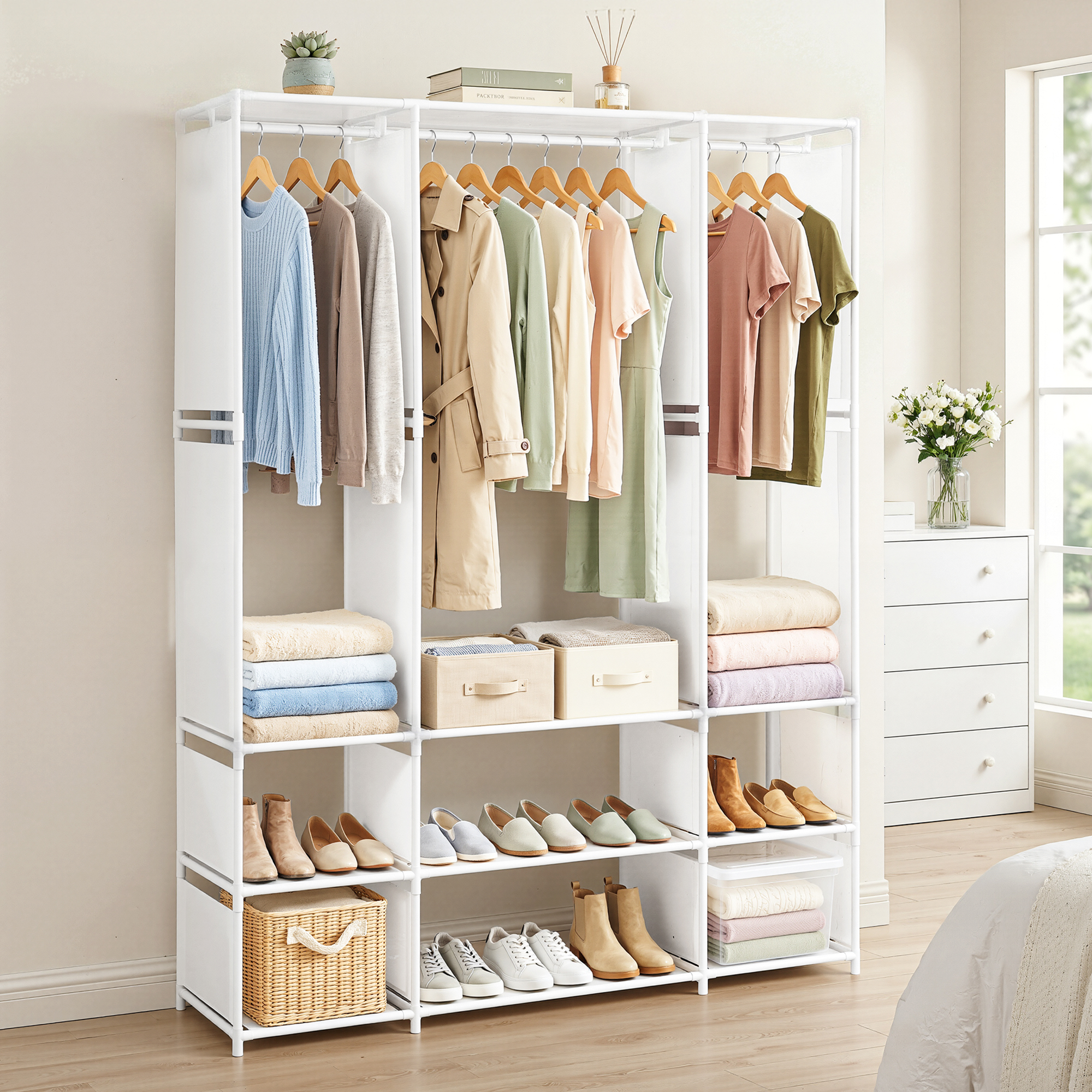 Artiss White Portable Clothes Closet Wardrobe with Open Shelf