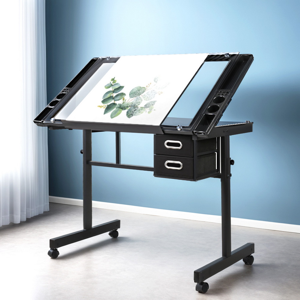 Artiss Drawing Desk Drafting Table Tempered Glass Black