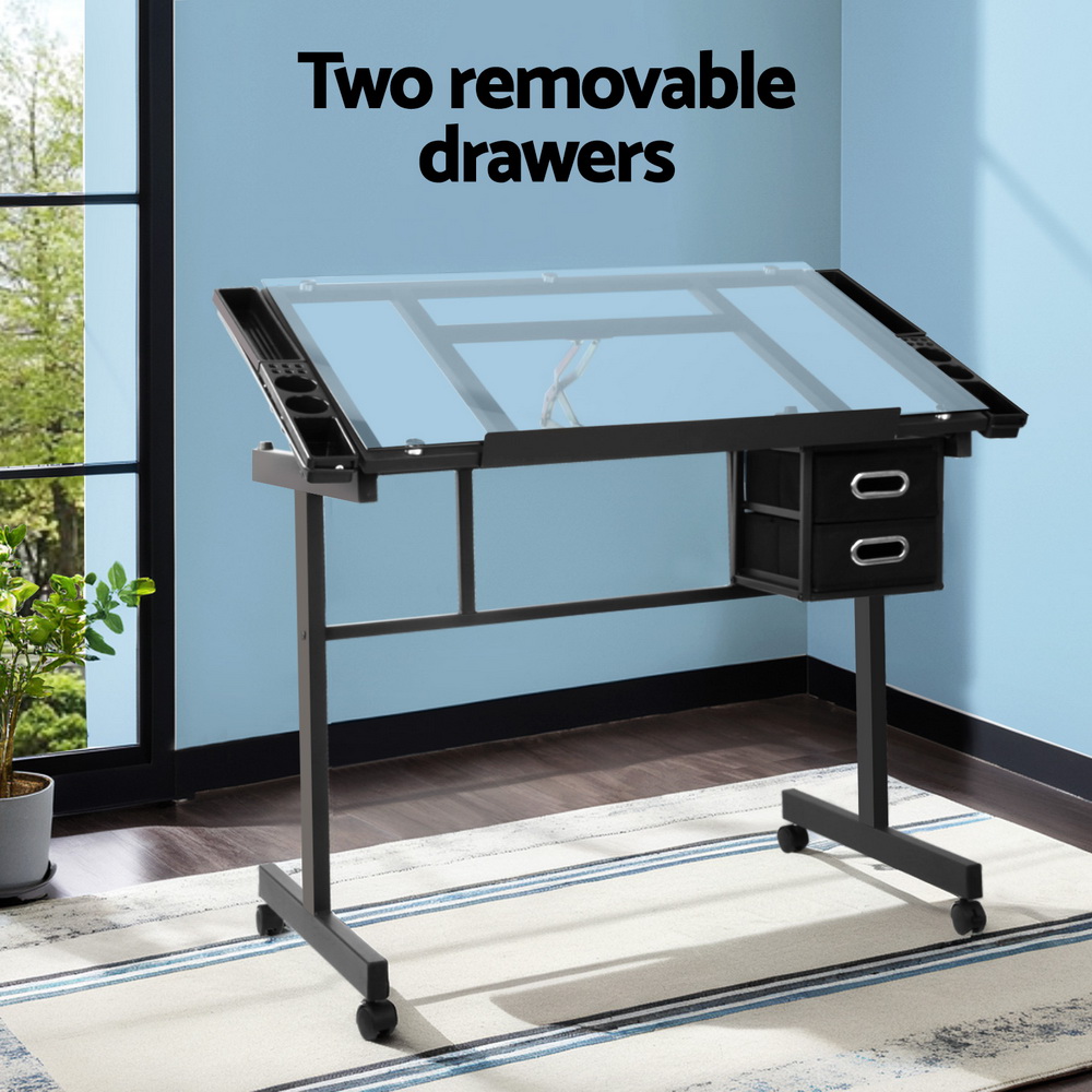 Artiss Drawing Desk Drafting Table Tempered Glass Black view 5