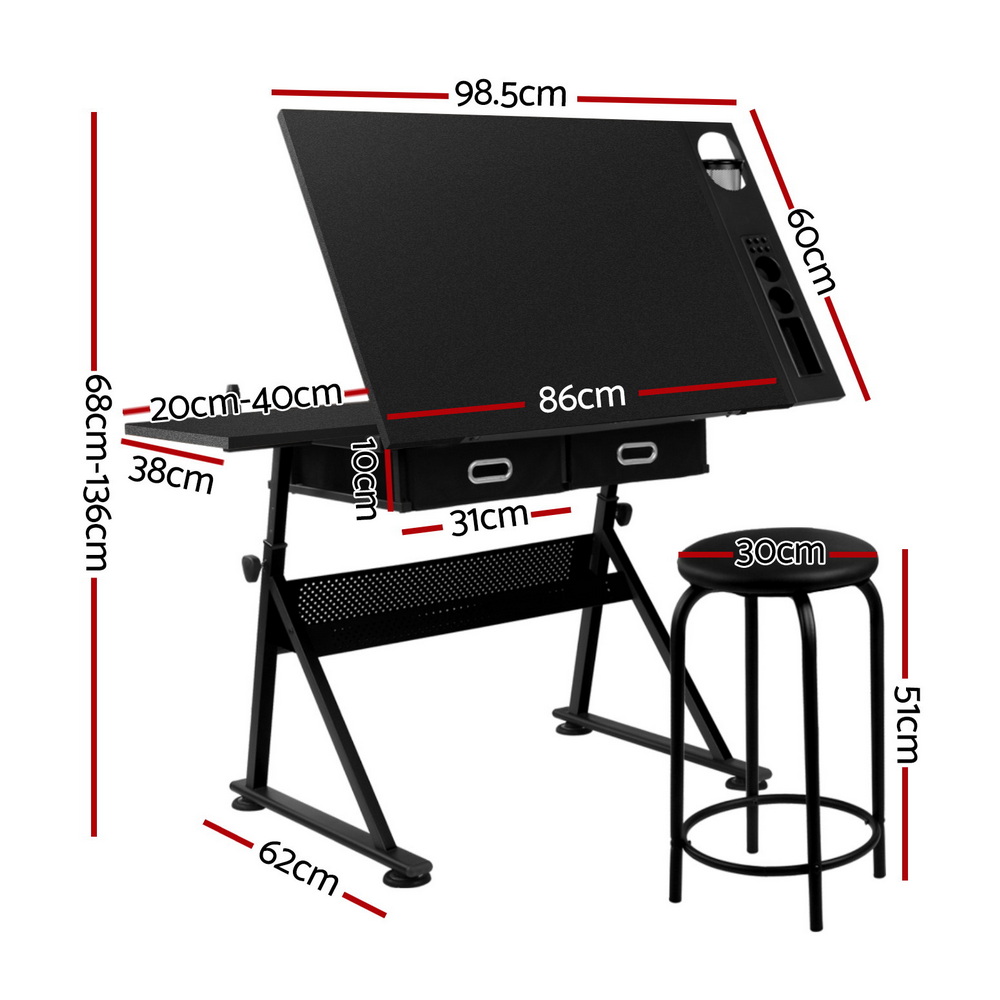 Artiss Drawing Desk Drafting Table Adjustable Tilt Black view 2