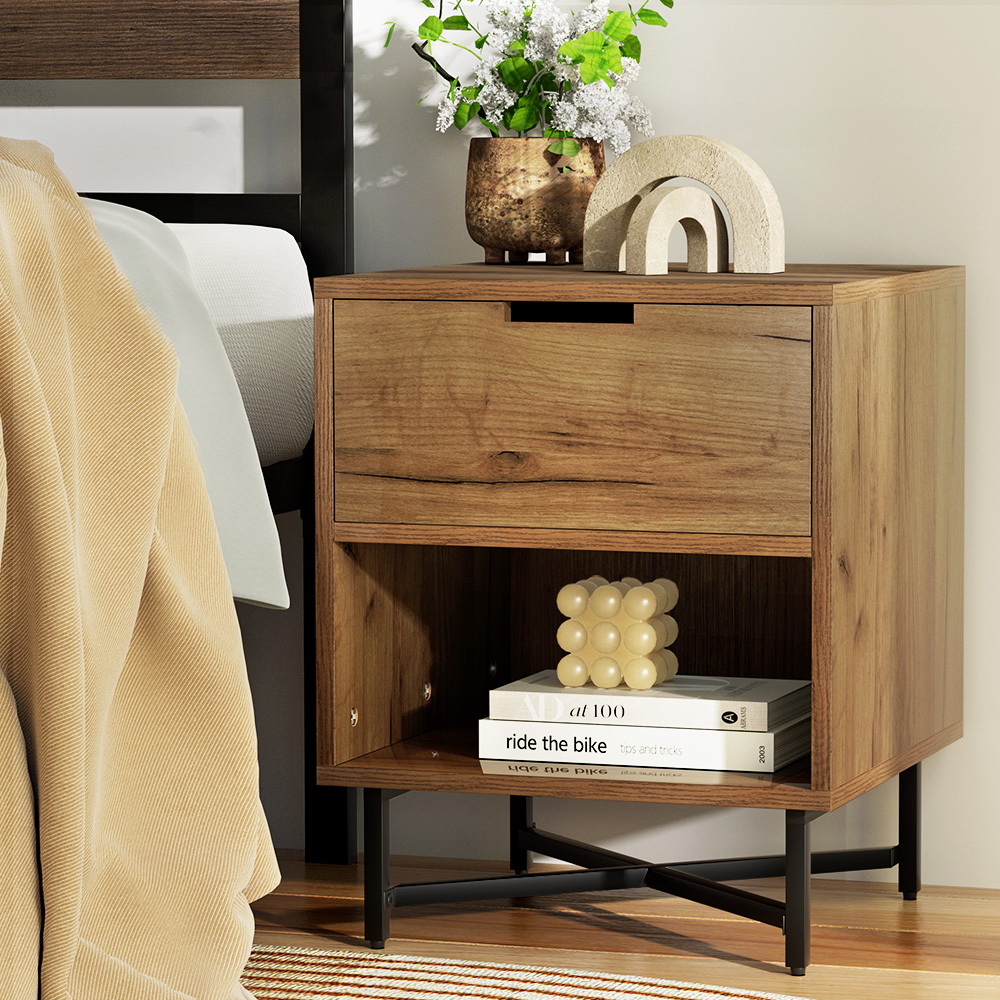 Artiss Kravu Bedside Table Drawers Rust Oak