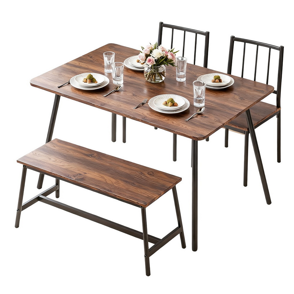 Artiss 4-Piece Dining Set with Bench Rustic Brown Black Frame