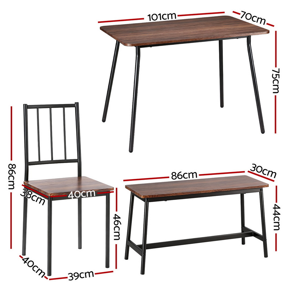 Artiss 4-Piece Dining Set with Bench Rustic Brown Black Frame view 2