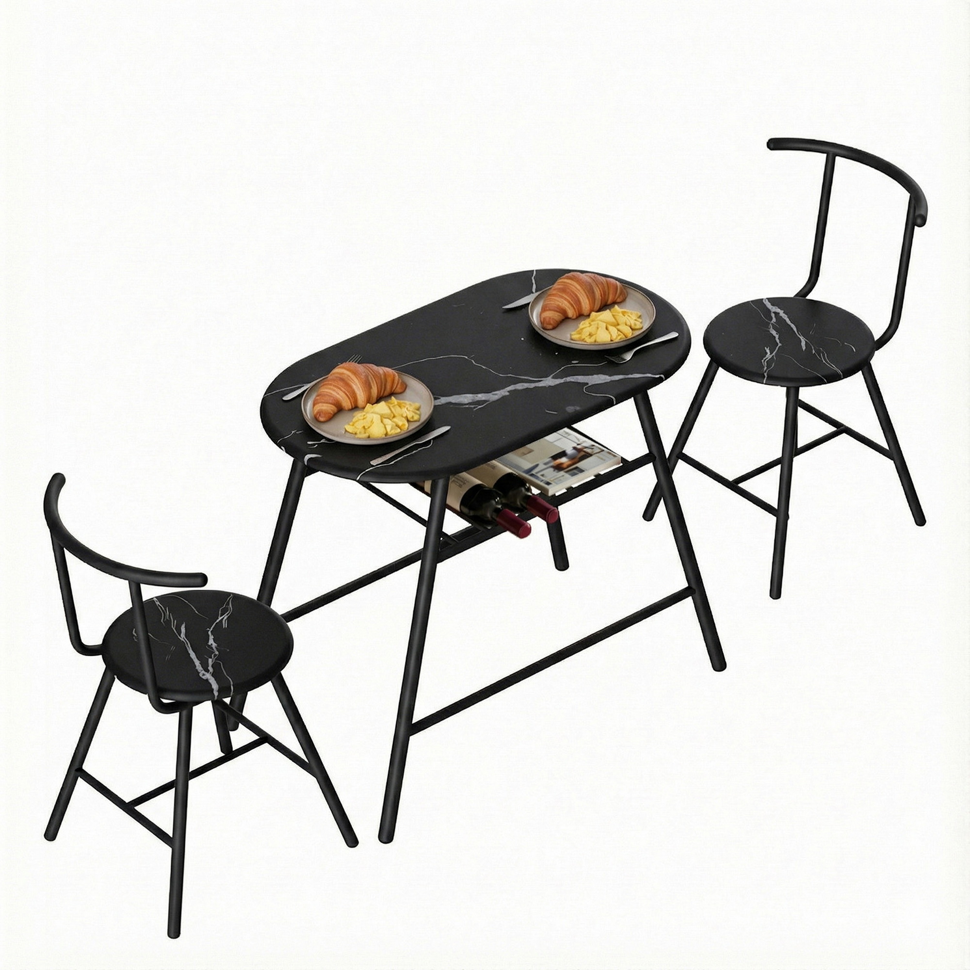 Artiss 3-Piece Marble Dining Set with Wine Rack Black