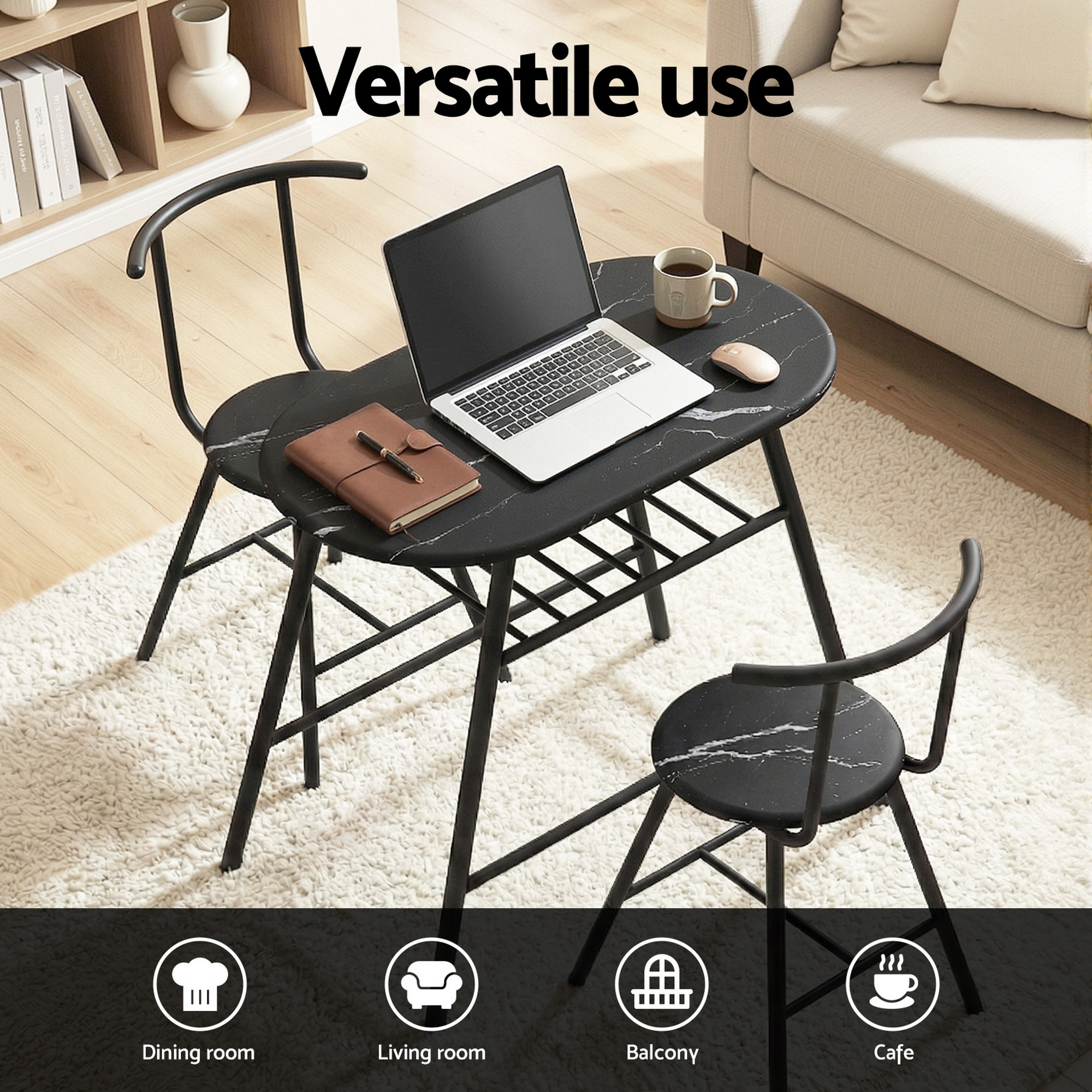 Artiss 3-Piece Marble Dining Set with Wine Rack Black view 4