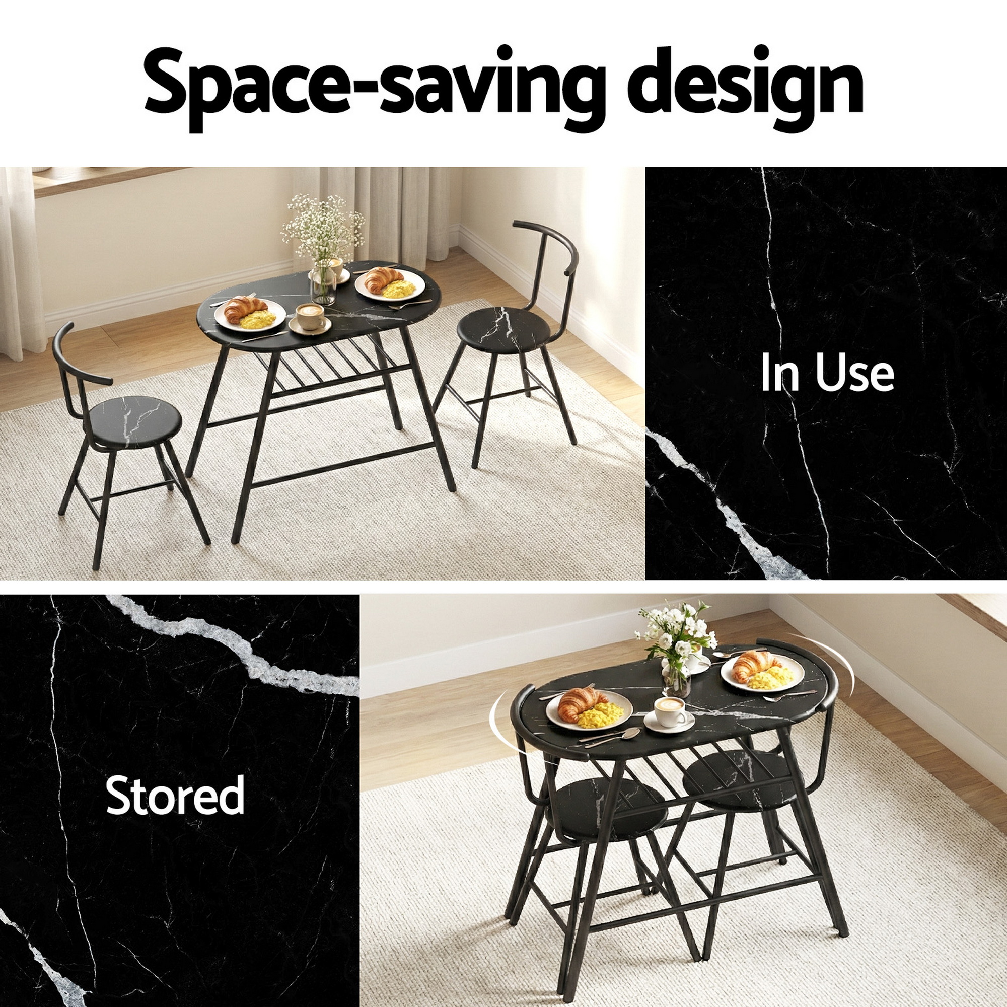 Artiss 3-Piece Marble Dining Set with Wine Rack Black view 5