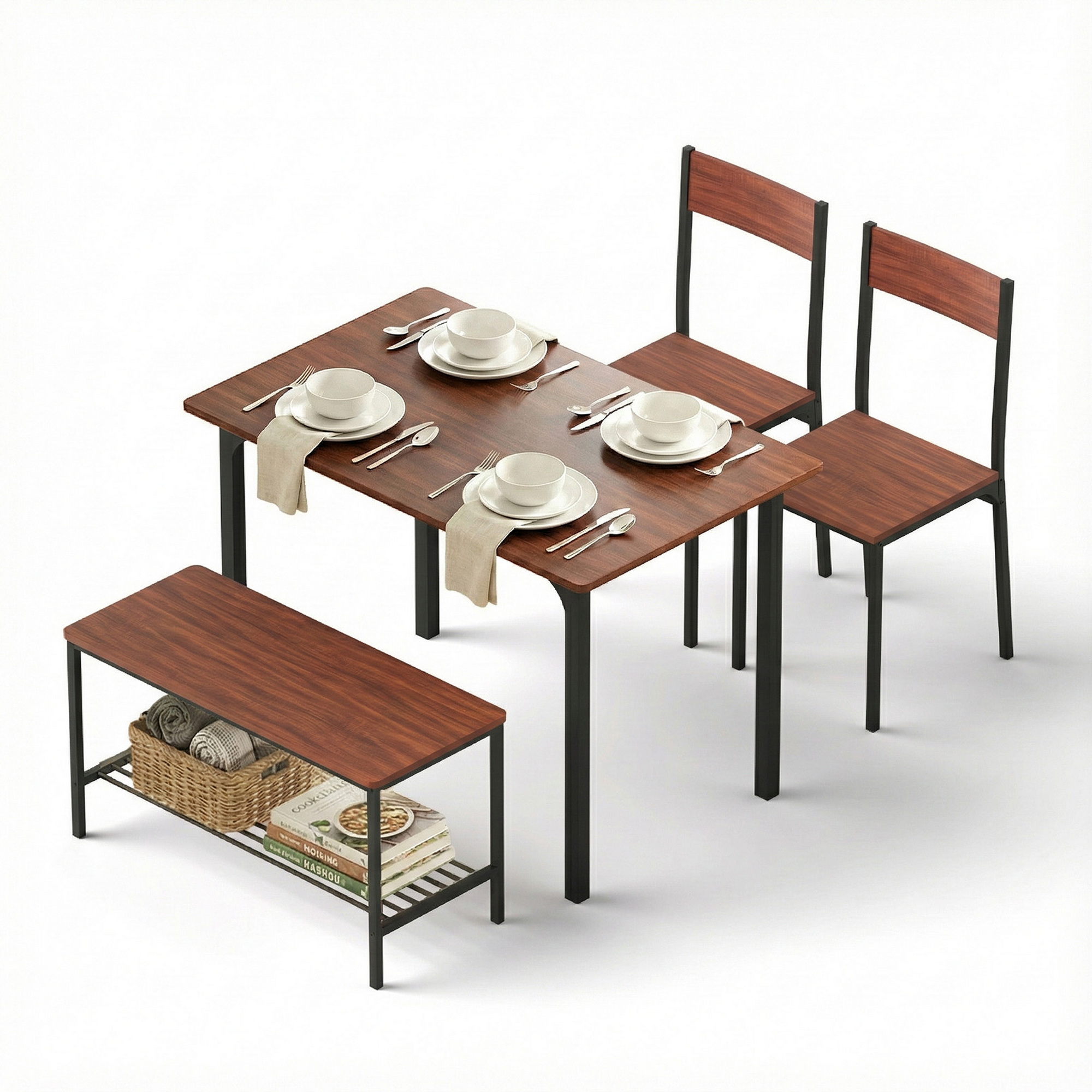 Artiss 4-Piece Dining Set with Storage Bench Walnut