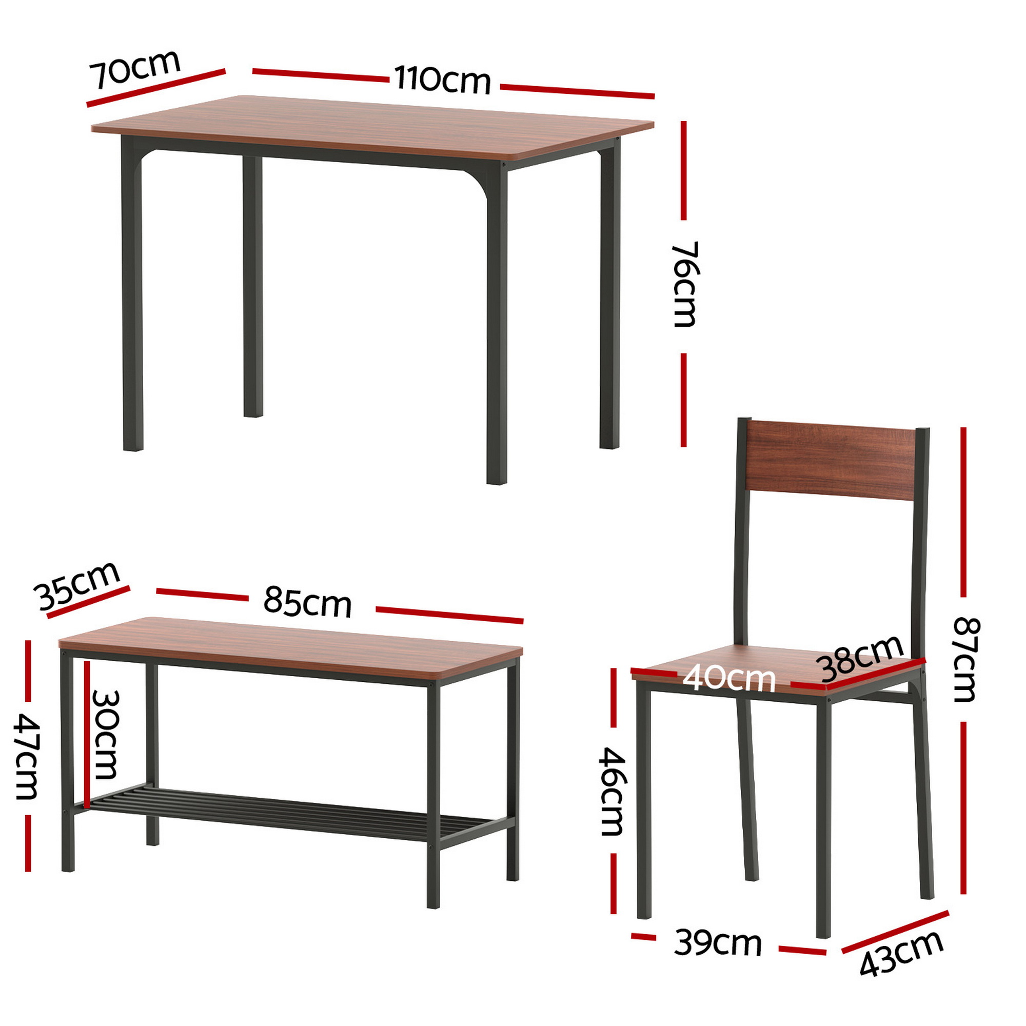Artiss 4-Piece Dining Set with Storage Bench Walnut view 2