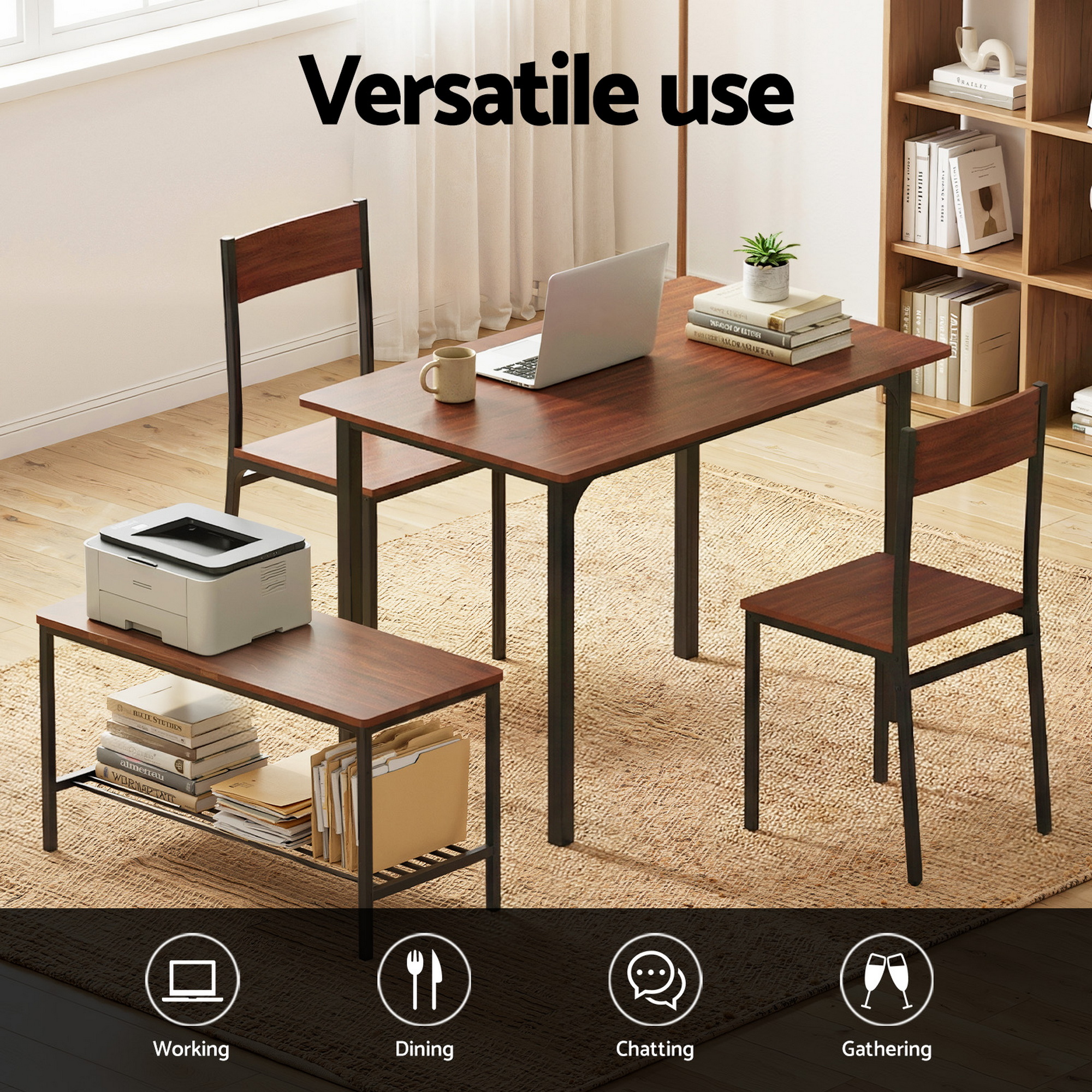 Artiss 4-Piece Dining Set with Storage Bench Walnut view 4