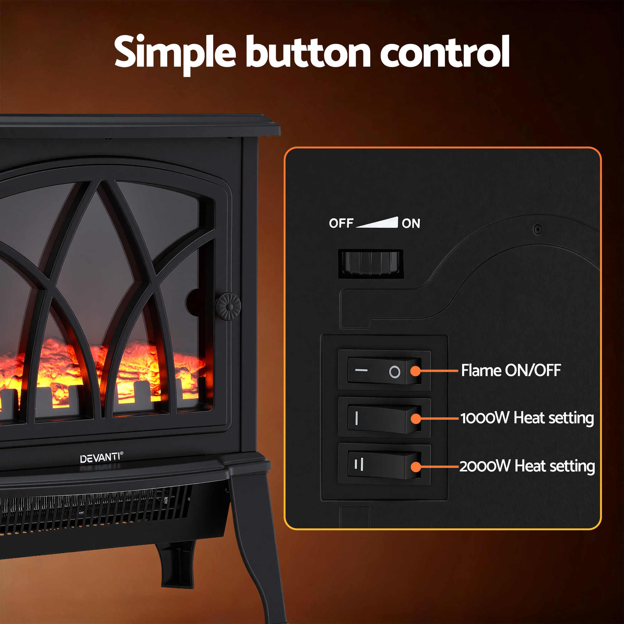 Devanti 2000W Electric Fireplace Heater with Flame Effect view 5