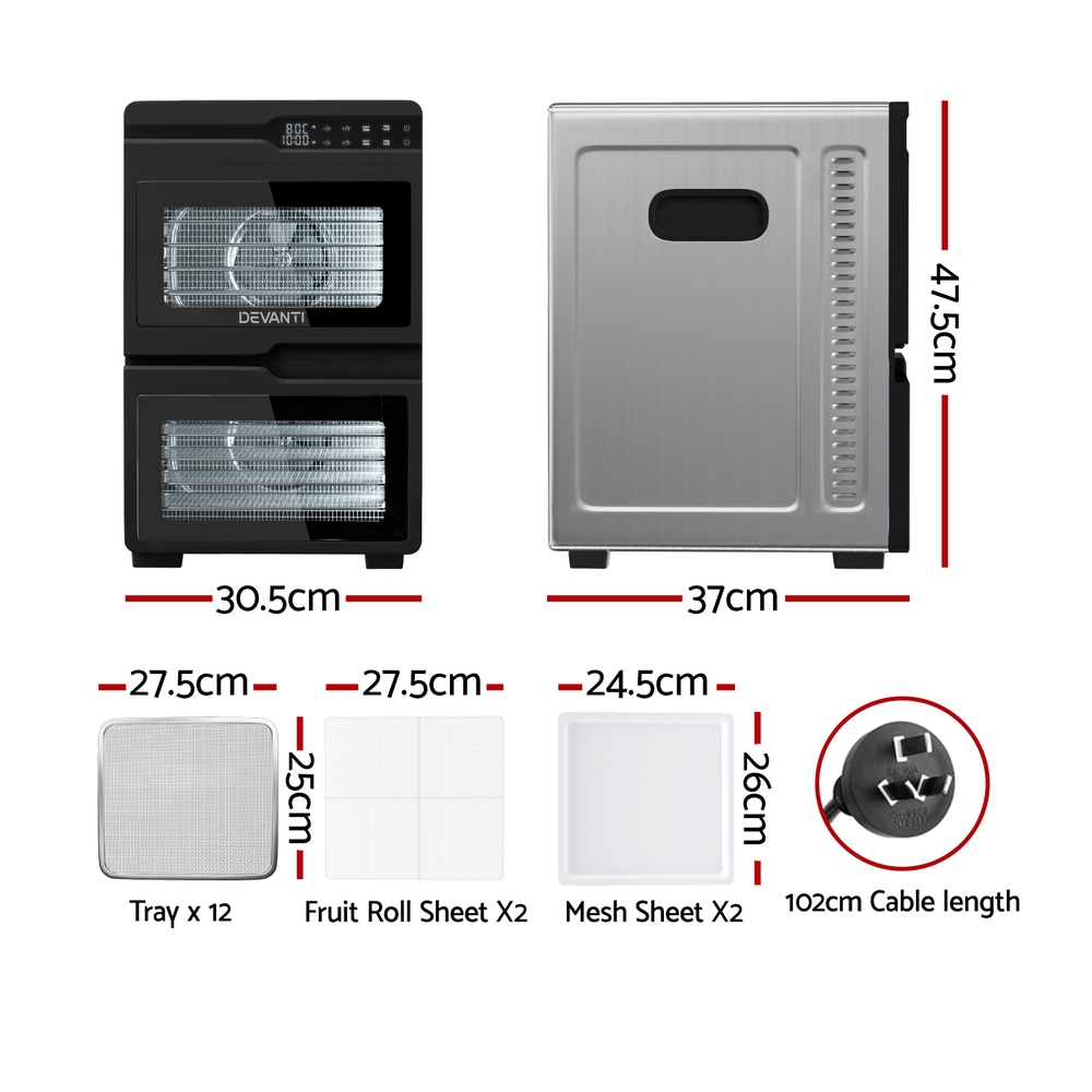 Devanti 12-Tray Dual-Zone Food Dehydrator Stainless Steel view 3