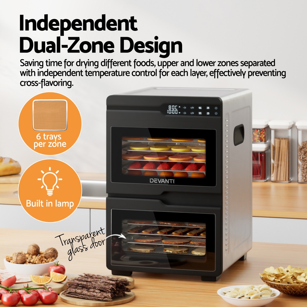 Devanti 12-Tray Dual-Zone Food Dehydrator Stainless Steel view 5