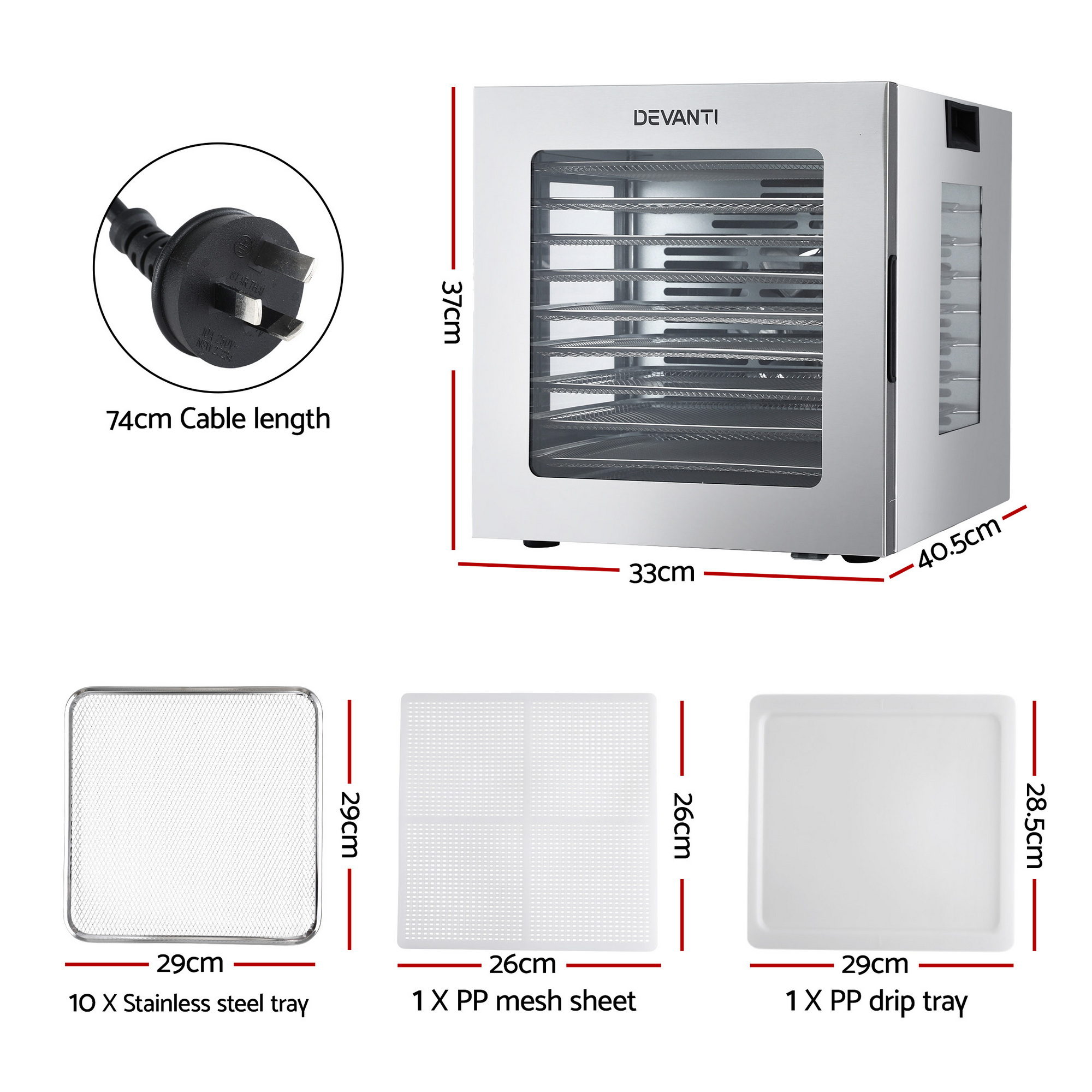 Devanti 10-Tray Food Dehydrator Stainless Steel Glass Door 850W view 3
