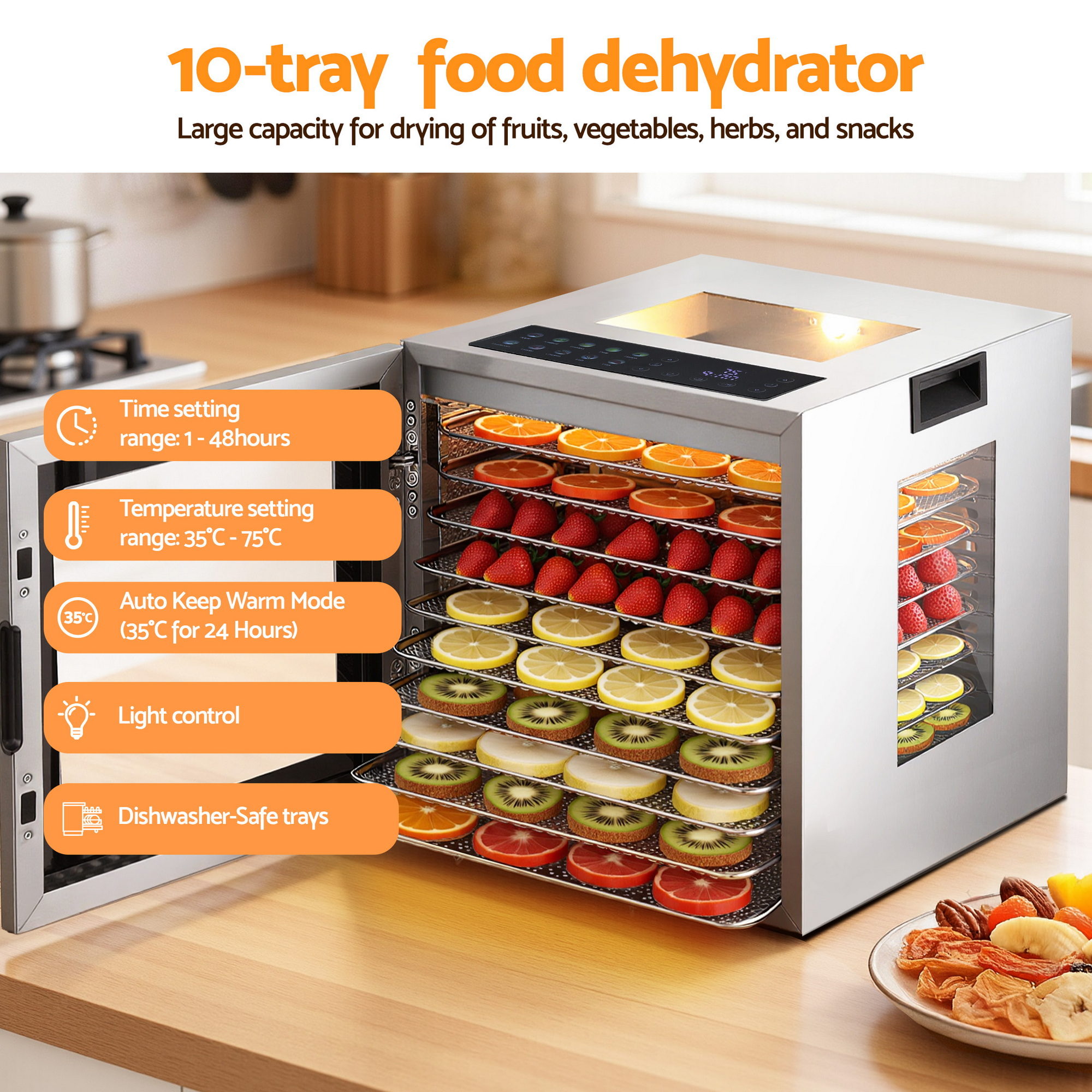 Devanti 10-Tray Food Dehydrator Stainless Steel Glass Door 850W view 5