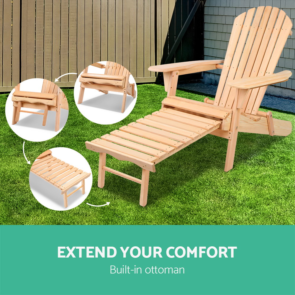 Gardeon Wooden Adirondack Sun Lounge with Ottoman Natural view 5