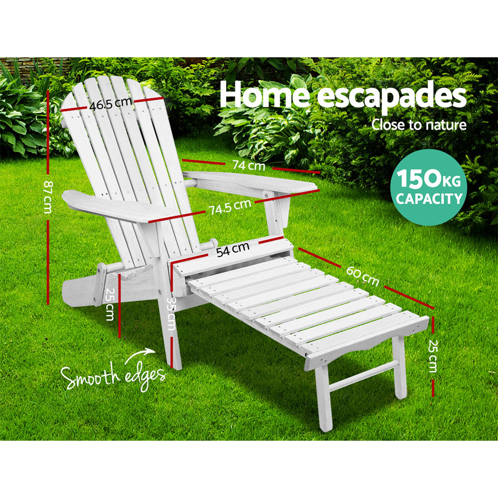 Gardeon Adirondack Chair with Ottoman Foldable Wooden White view 2