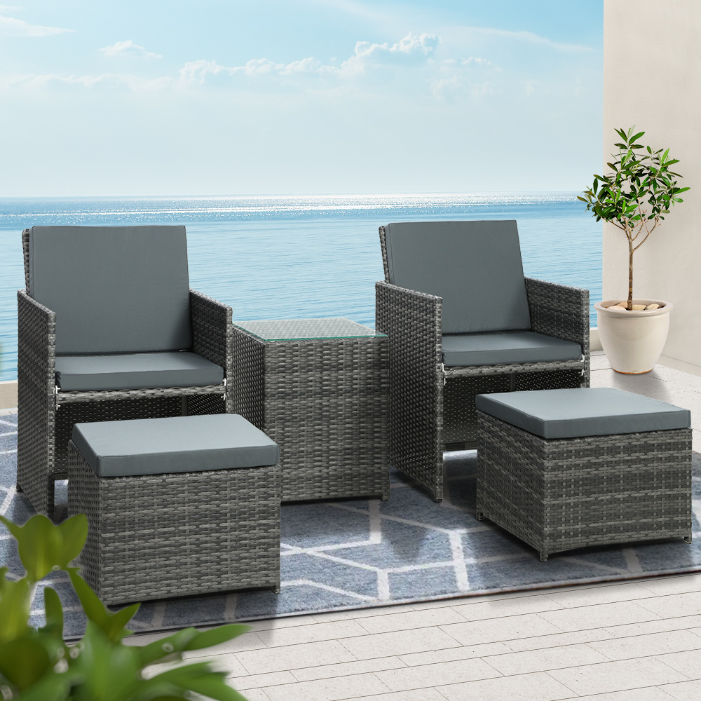 Gardeon 5PC Wicker Bistro Set with Ottomans Grey