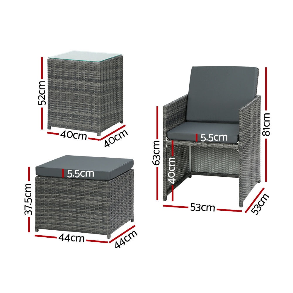 Gardeon 5PC Wicker Bistro Set with Ottomans Grey view 2