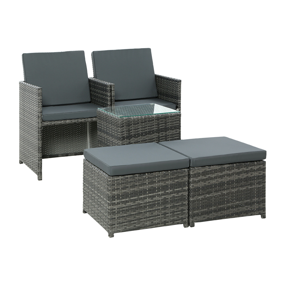 Gardeon 5PC Wicker Bistro Set with Ottomans Grey view 3