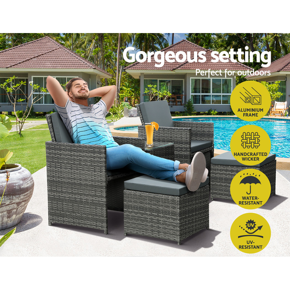 Gardeon 5PC Wicker Bistro Set with Ottomans Grey view 4