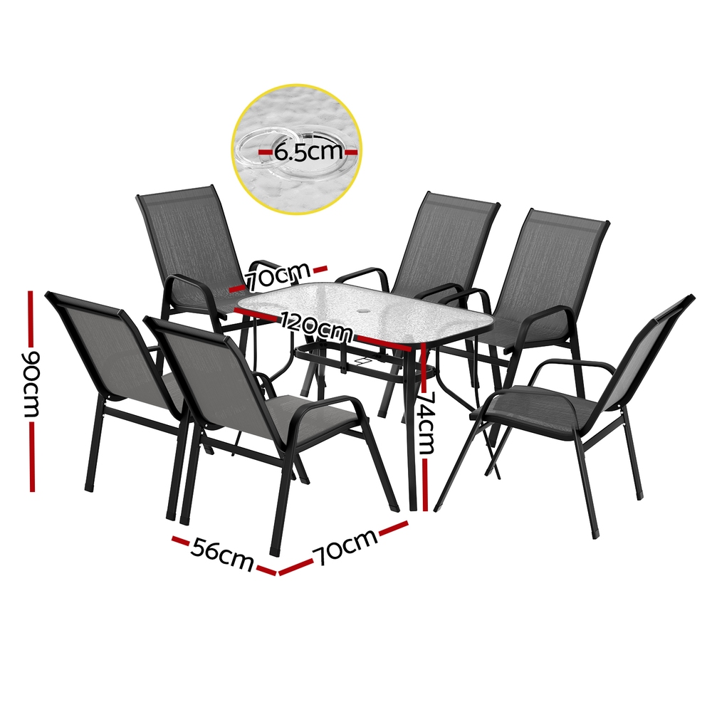 Gardeon 7-Piece Mesh Dining Set 120cm Glass Table view 2