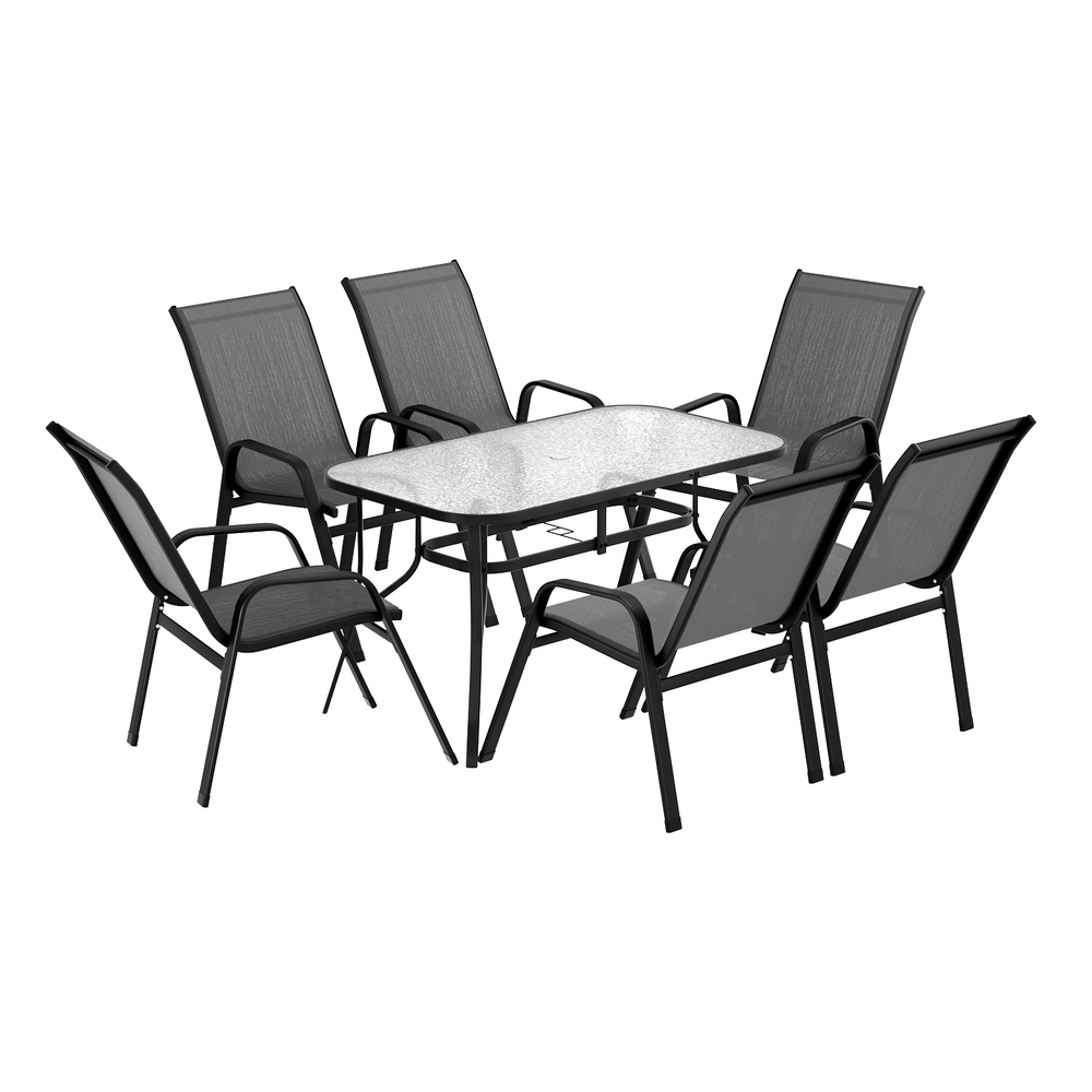 Gardeon 7-Piece Mesh Dining Set 120cm Glass Table view 3