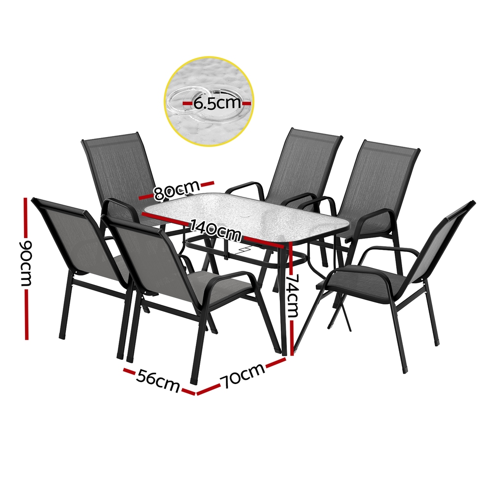 Gardeon 7-Piece Mesh Dining Set 140cm Glass Table view 2