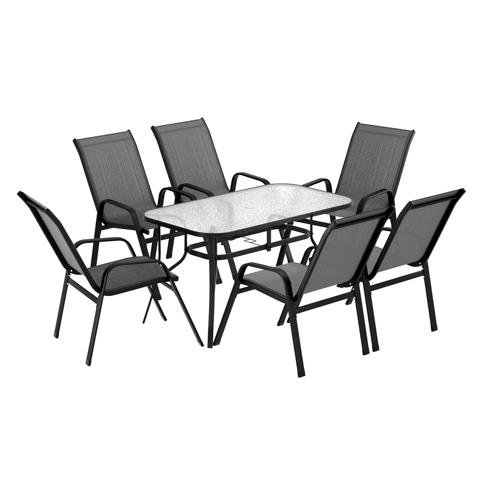 Gardeon 7-Piece Mesh Dining Set 140cm Glass Table view 3