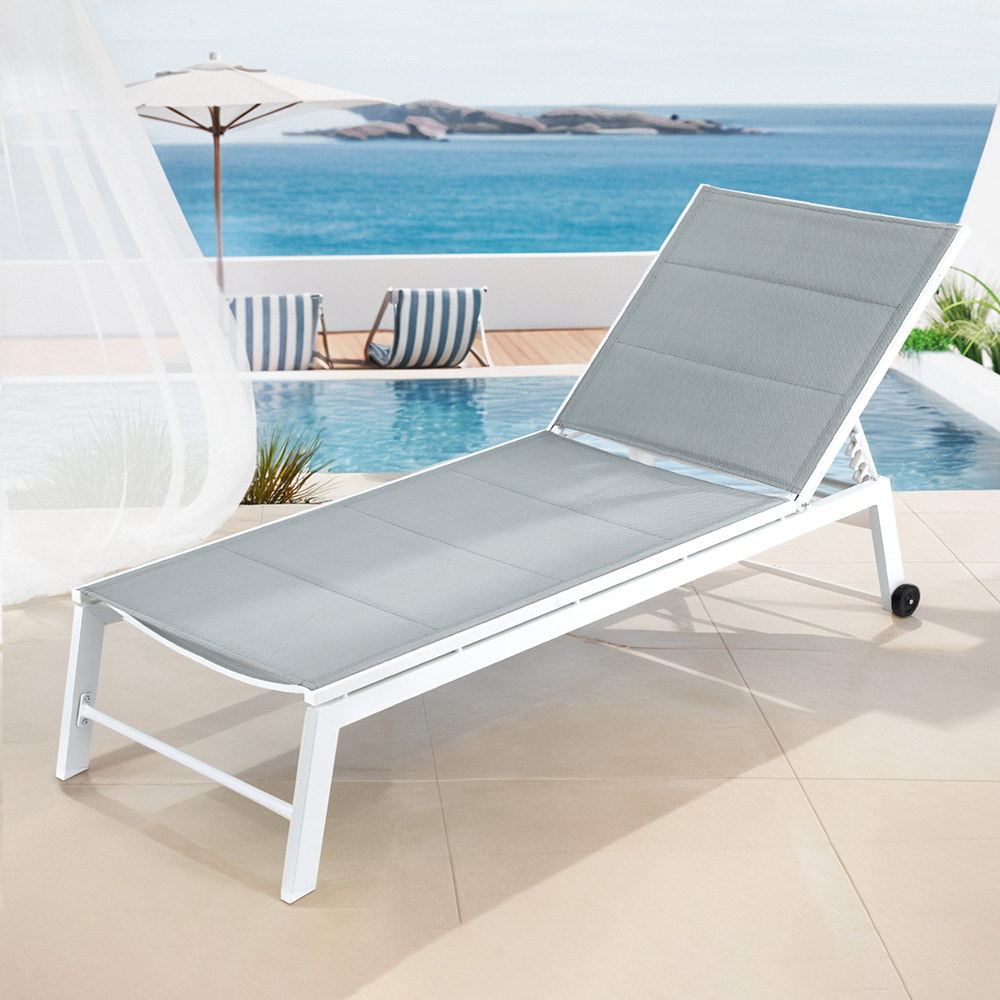 Gardeon Sun Lounger Aluminium Chaise Lounge Wheels White