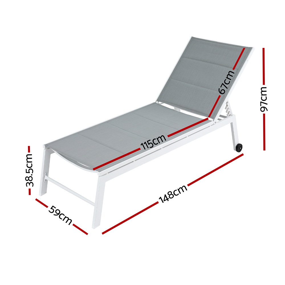 Gardeon Sun Lounger Aluminium Chaise Lounge Wheels White view 2